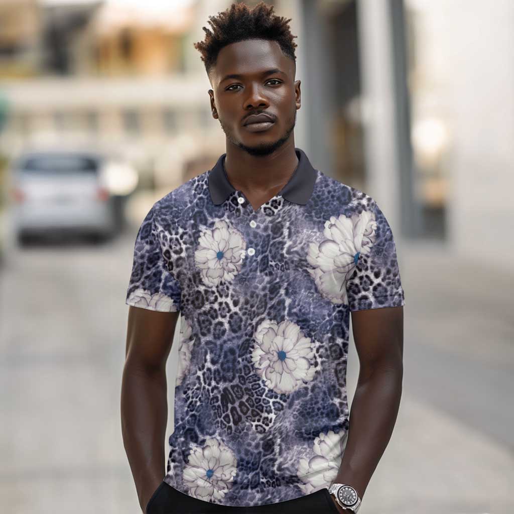 African Leopard Floral Pattern Polo Shirt Nile Indigo
