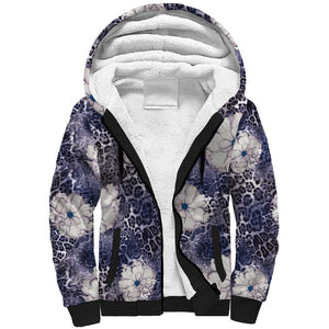 African Leopard Floral Pattern Sherpa Hoodie Nile Indigo