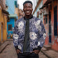 African Leopard Floral Pattern Sleeve Zip Bomber Jacket Nile Indigo