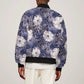 African Leopard Floral Pattern Sleeve Zip Bomber Jacket Nile Indigo
