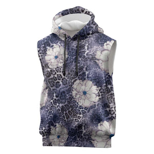 African Leopard Floral Pattern Sleeveless Hoodie Nile Indigo