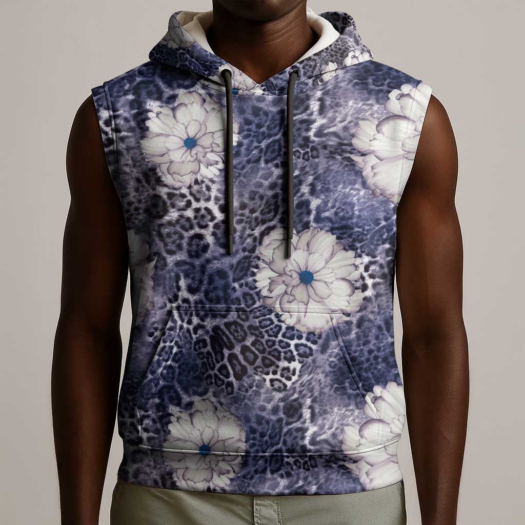 African Leopard Floral Pattern Sleeveless Hoodie Nile Indigo