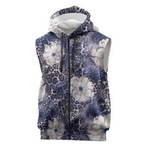 African Leopard Floral Pattern Sleeveless Zip Hoodie Nile Indigo