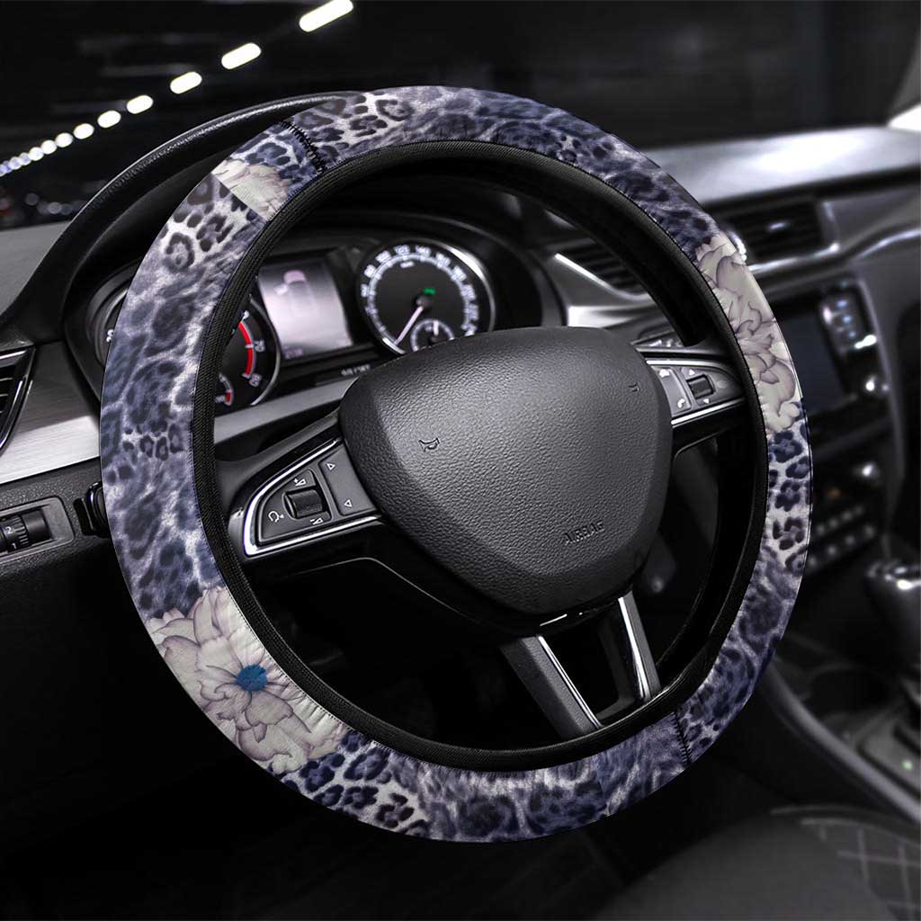 African Leopard Floral Pattern Steering Wheel Cover Nile Indigo