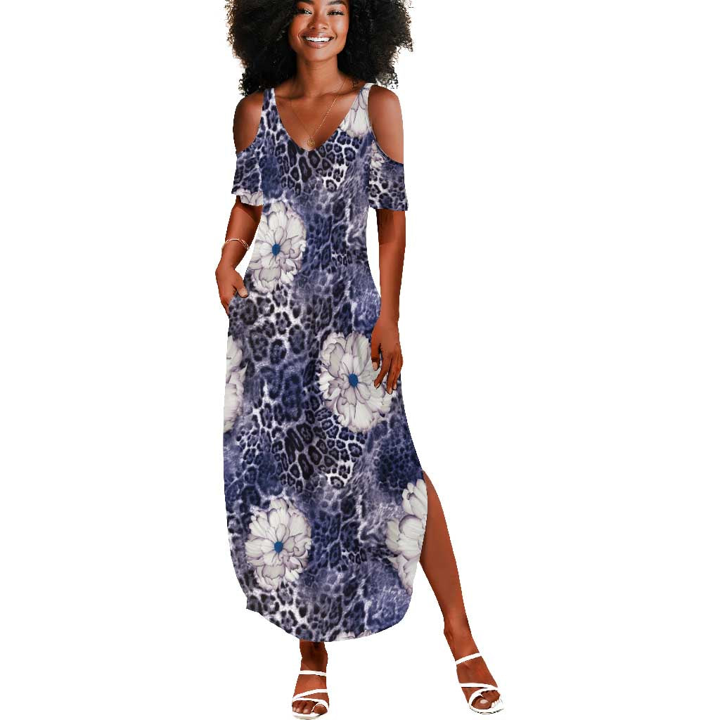 African Leopard Floral Pattern Summer Maxi Dress Nile Indigo