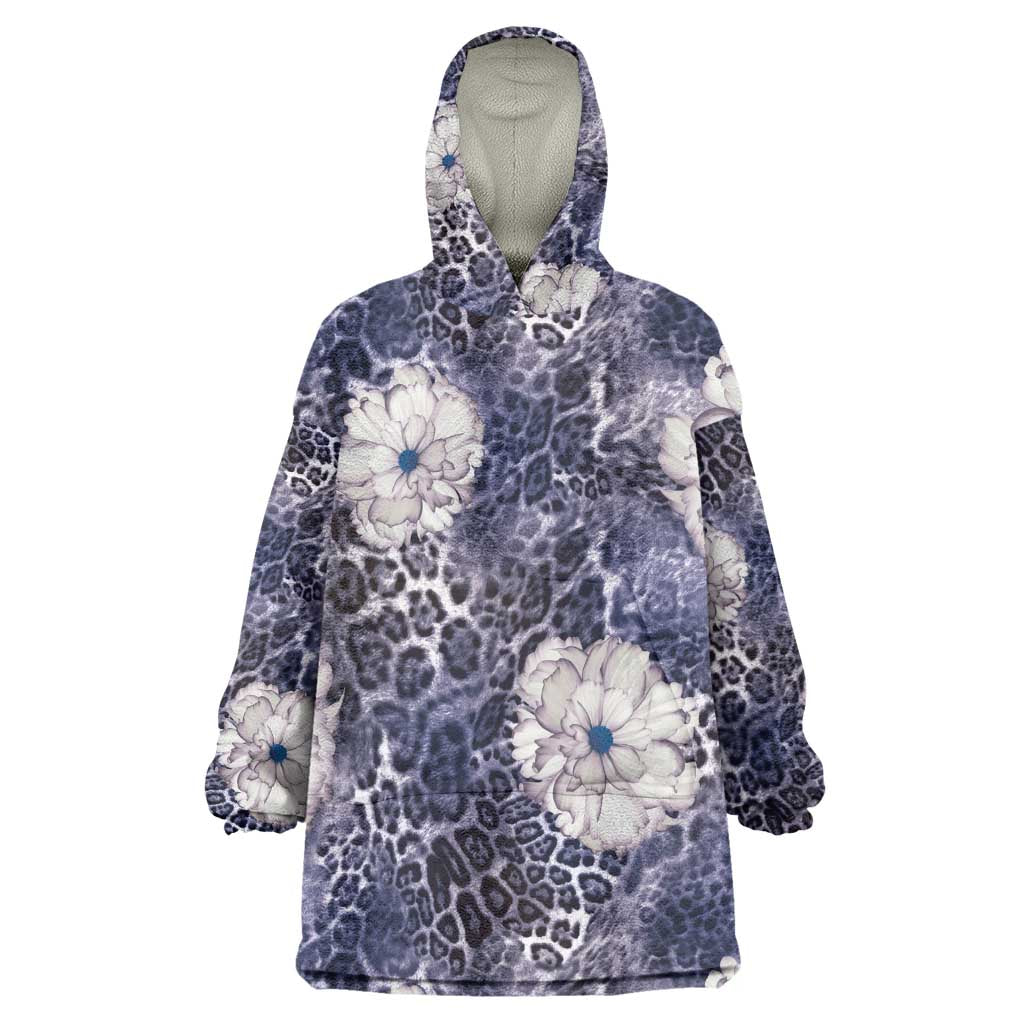 African Leopard Floral Pattern Wearable Blanket Hoodie Nile Indigo