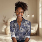 African Leopard Floral Pattern Women Casual Shirt Nile Indigo