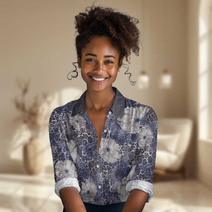 African Leopard Floral Pattern Women Casual Shirt Nile Indigo