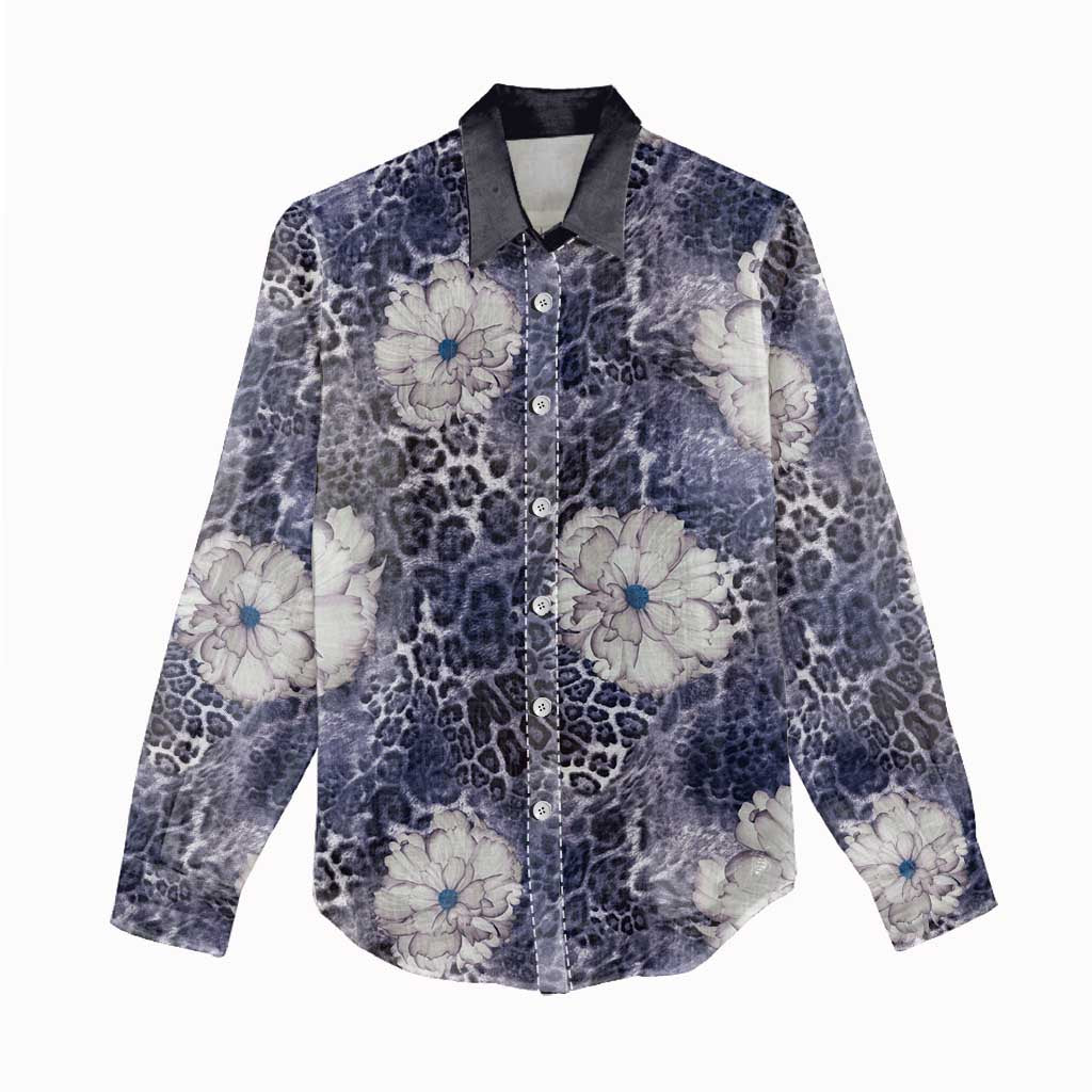 African Leopard Floral Pattern Women Casual Shirt Nile Indigo