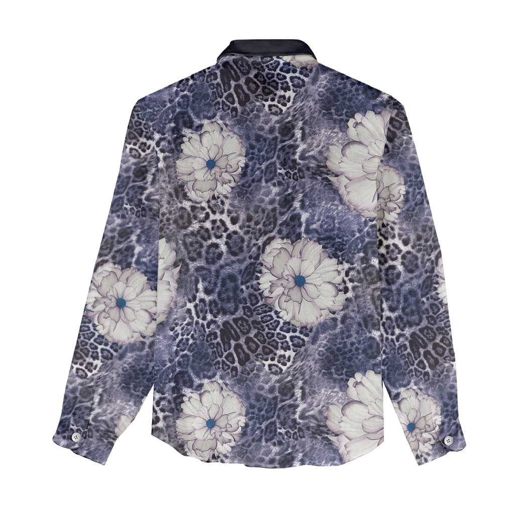 African Leopard Floral Pattern Women Casual Shirt Nile Indigo