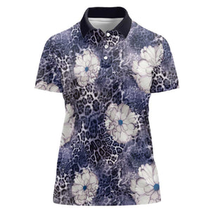 African Leopard Floral Pattern Women Polo Shirt Nile Indigo