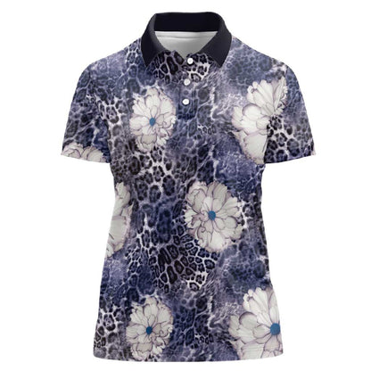 African Leopard Floral Pattern Women Polo Shirt Nile Indigo