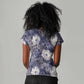 African Leopard Floral Pattern Women V-Neck T-Shirt Nile Indigo
