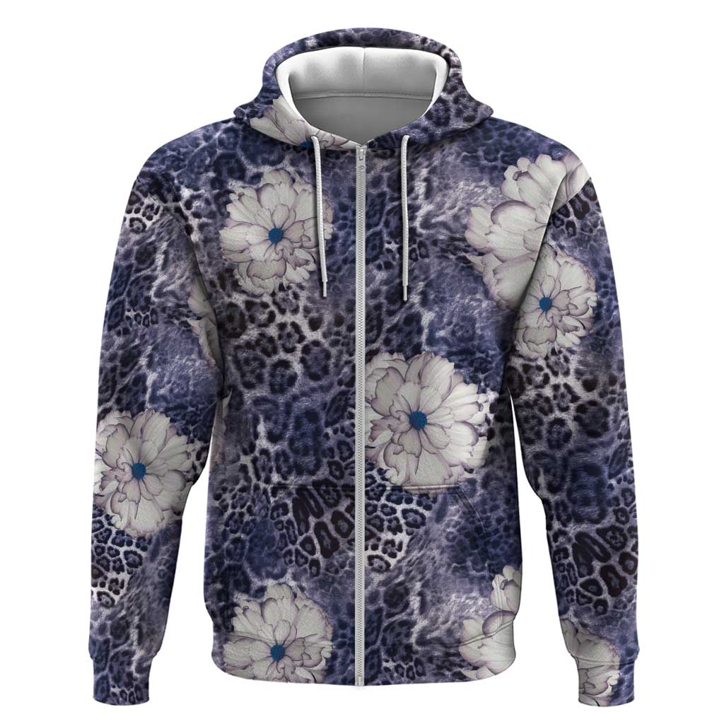African Leopard Floral Pattern Zip Hoodie Nile Indigo