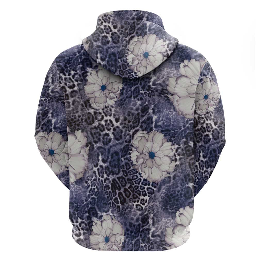 African Leopard Floral Pattern Zip Hoodie Nile Indigo