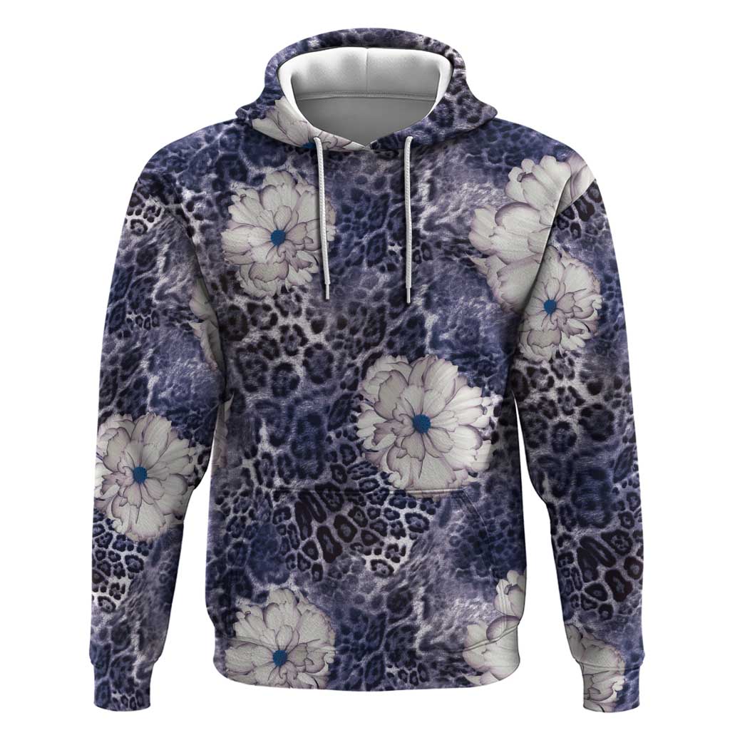 African Leopard Floral Pattern Zip Hoodie Nile Indigo