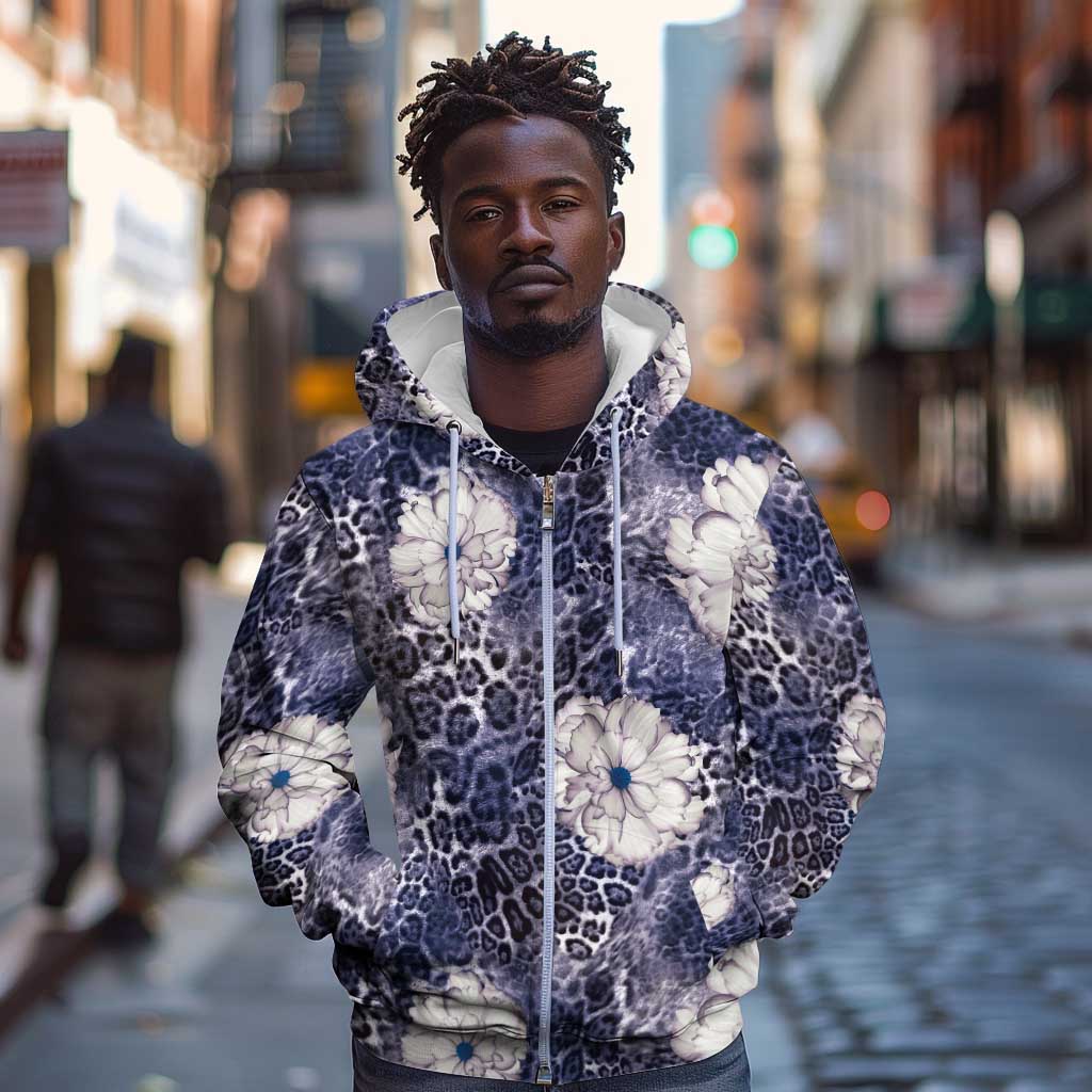 African Leopard Floral Pattern Zip Hoodie Nile Indigo