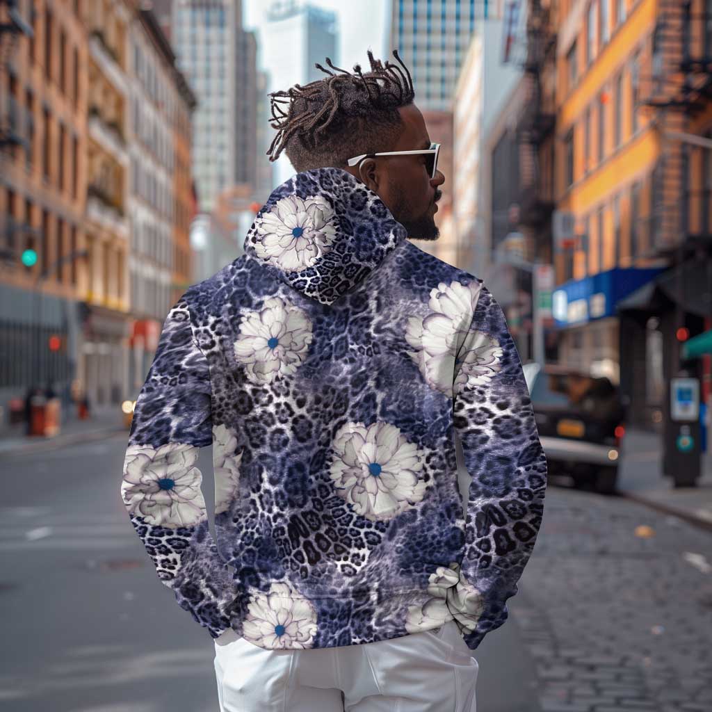African Leopard Floral Pattern Zip Hoodie Nile Indigo