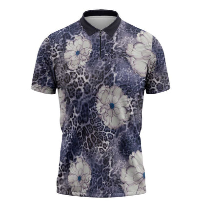 African Leopard Floral Pattern Zipper Polo Shirt Nile Indigo