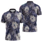 African Leopard Floral Pattern Zipper Polo Shirt Nile Indigo