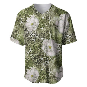 African Leopard Floral Pattern Baseball Jersey Safari Moss