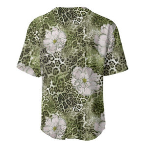 African Leopard Floral Pattern Baseball Jersey Safari Moss