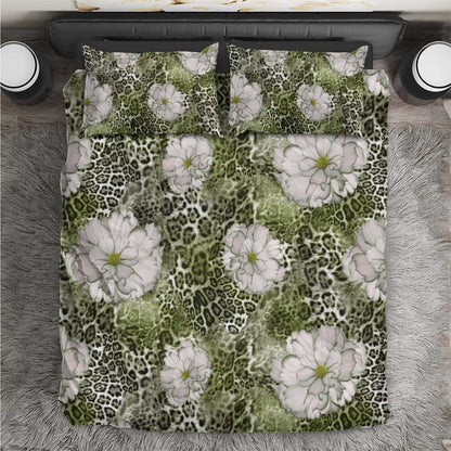 African Leopard Floral Pattern Bedding Set Safari Moss