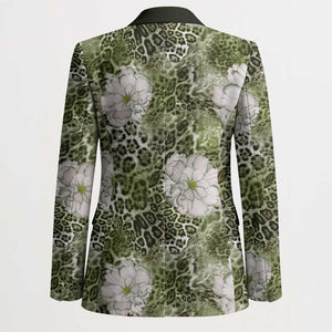 African Leopard Floral Pattern Blazer Safari Moss