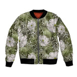 African Leopard Floral Pattern Bomber Jacket Safari Moss