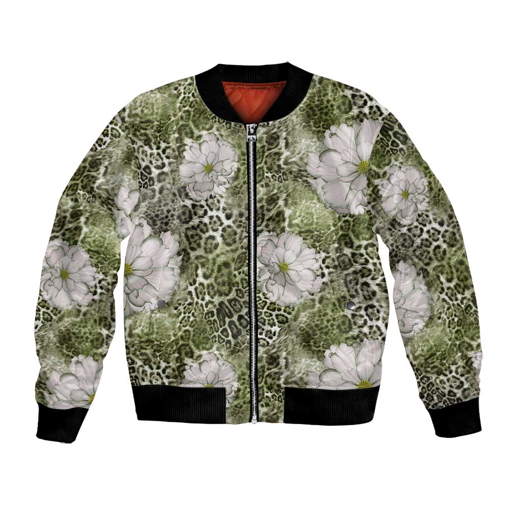 African Leopard Floral Pattern Bomber Jacket Safari Moss