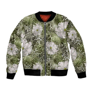 African Leopard Floral Pattern Bomber Jacket Safari Moss