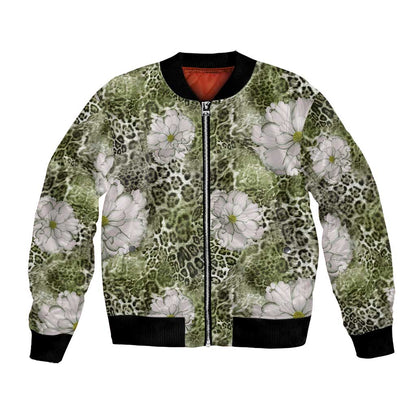African Leopard Floral Pattern Bomber Jacket Safari Moss