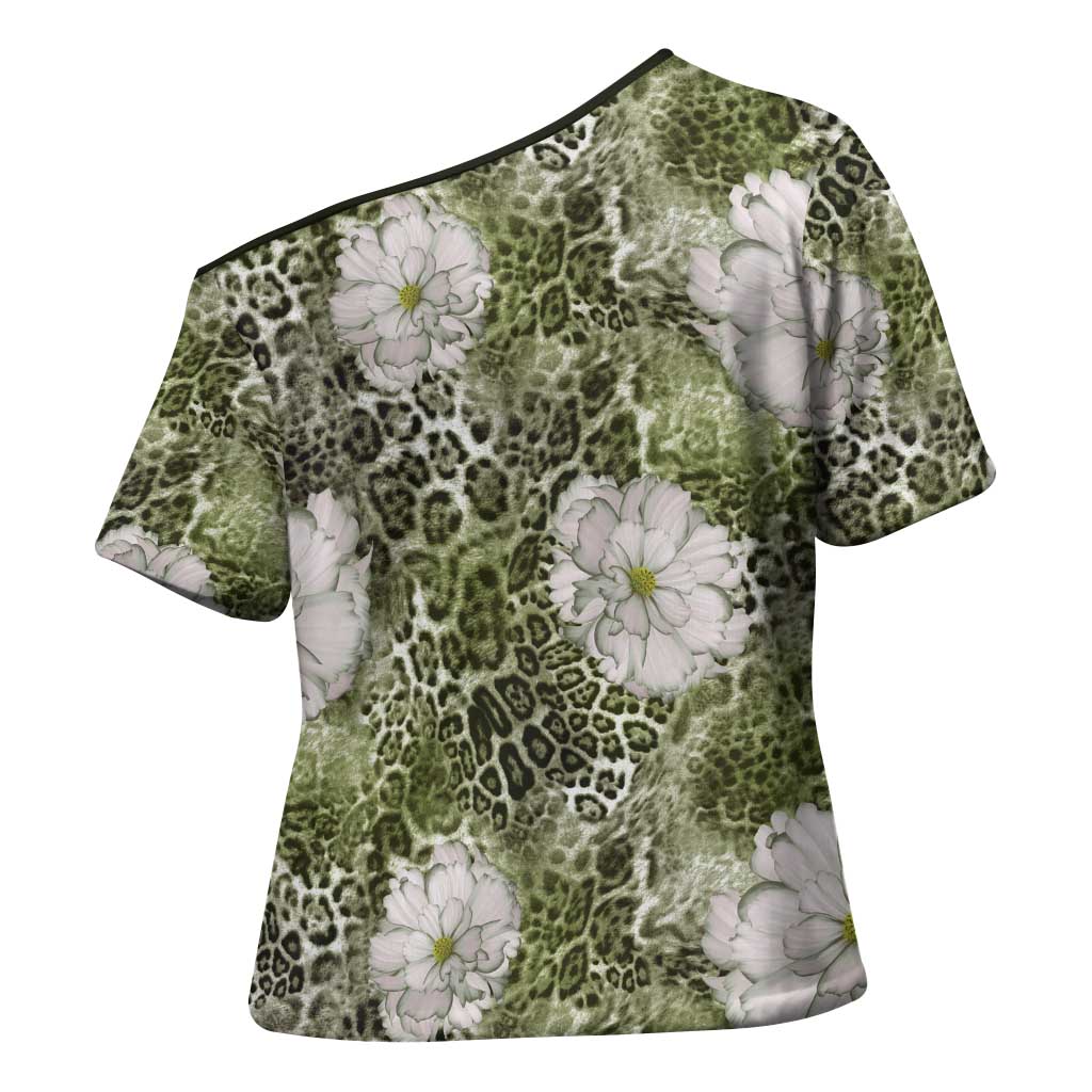 African Leopard Floral Pattern Cross Shoulder Shirt Safari Moss
