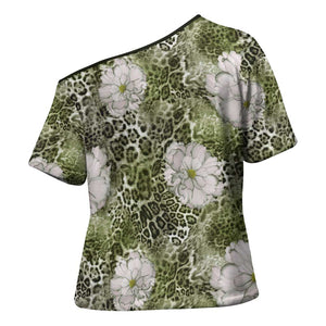 African Leopard Floral Pattern Cross Shoulder Shirt Safari Moss
