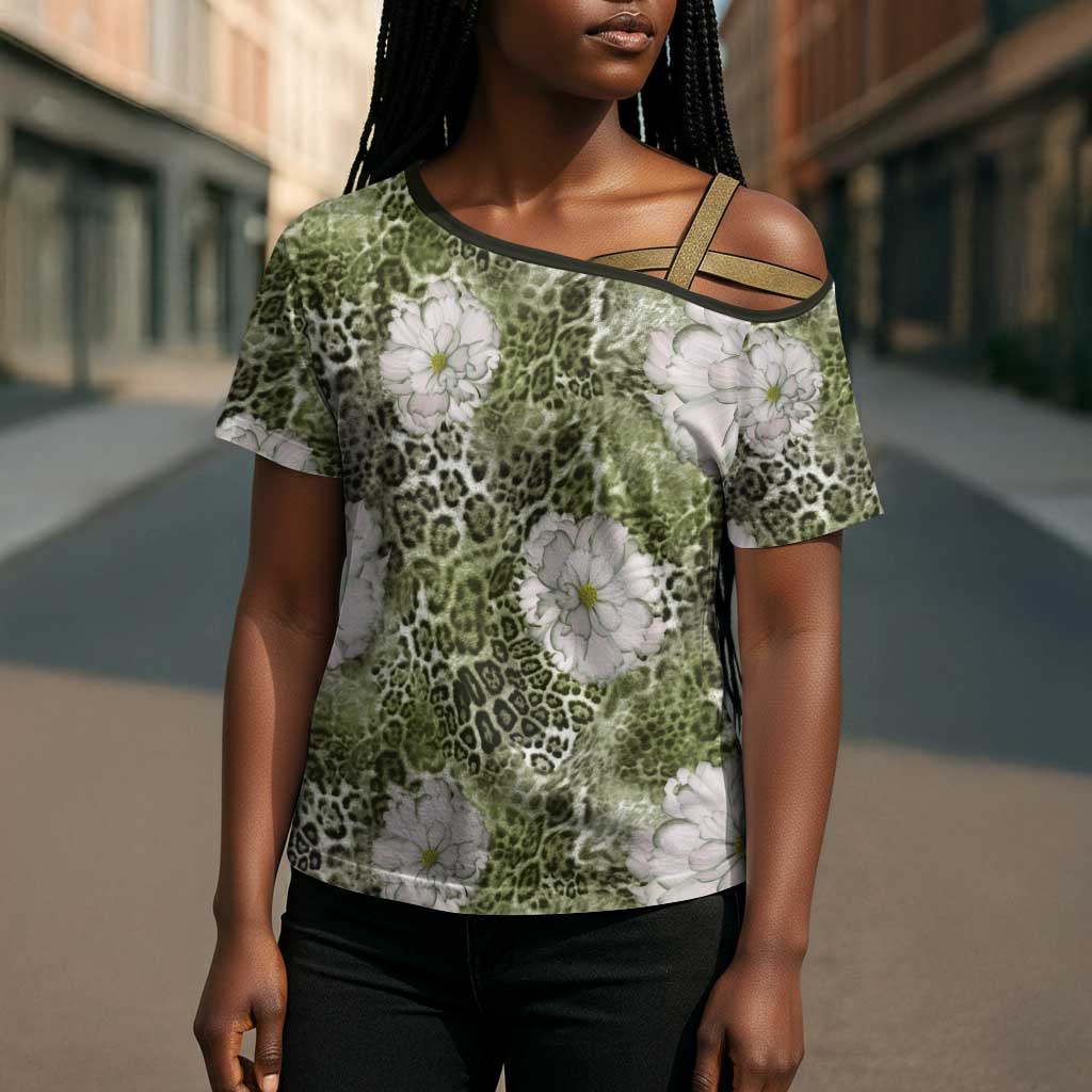 African Leopard Floral Pattern Cross Shoulder Shirt Safari Moss