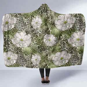 African Leopard Floral Pattern Hooded Blanket Safari Moss