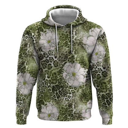 African Leopard Floral Pattern Hoodie Safari Moss
