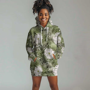 African Leopard Floral Pattern Hoodie Dress Safari Moss