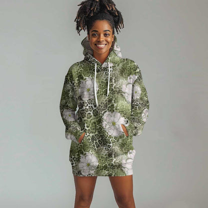 African Leopard Floral Pattern Hoodie Dress Safari Moss