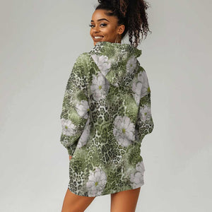 African Leopard Floral Pattern Hoodie Dress Safari Moss