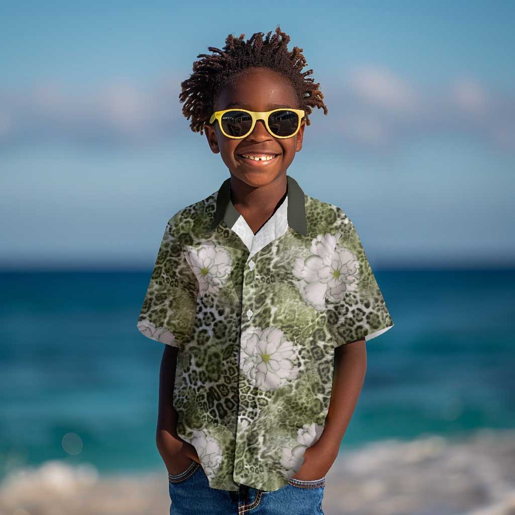 African Leopard Floral Pattern Kid Hawaiian Shirt Safari Moss