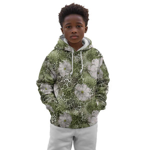African Leopard Floral Pattern Kid Hoodie Safari Moss