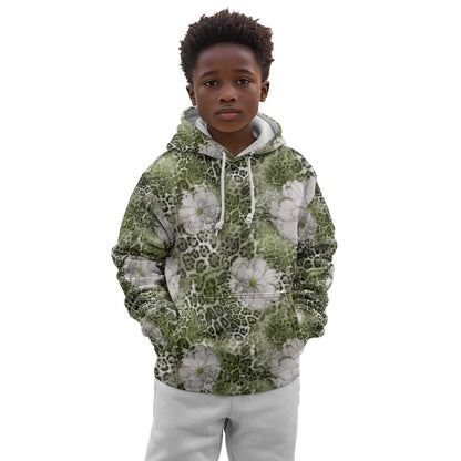 African Leopard Floral Pattern Kid Hoodie Safari Moss