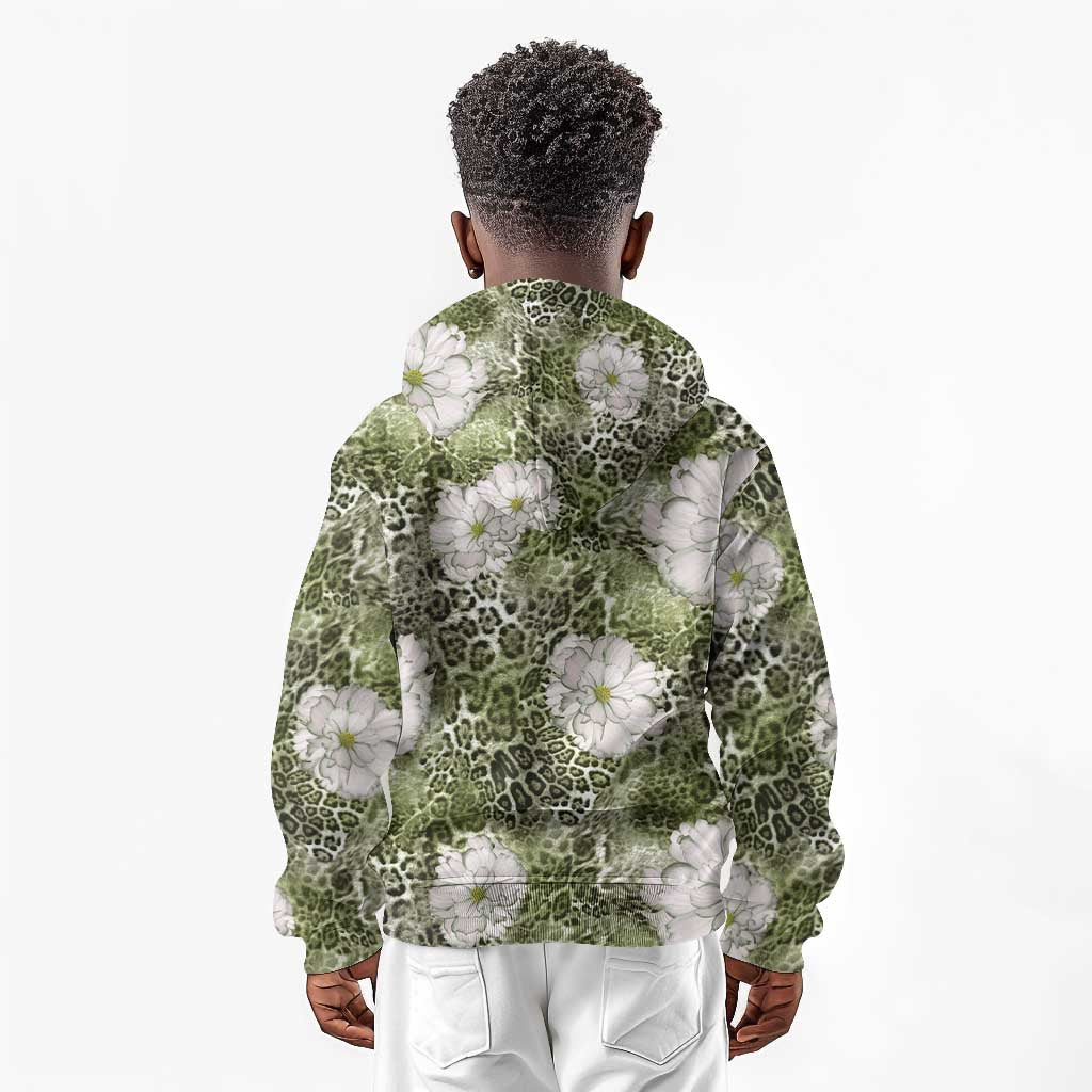 African Leopard Floral Pattern Kid Hoodie Safari Moss