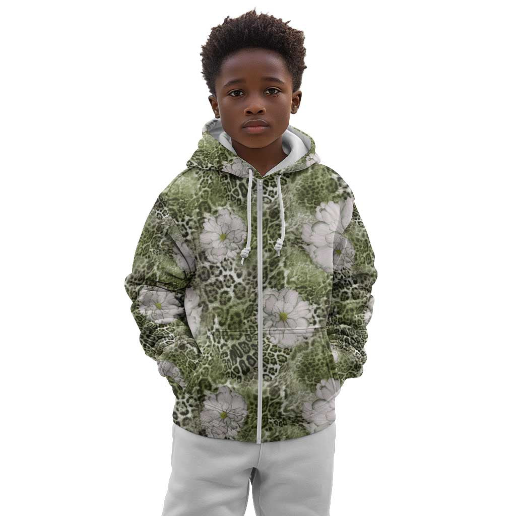 African Leopard Floral Pattern Kid Hoodie Safari Moss