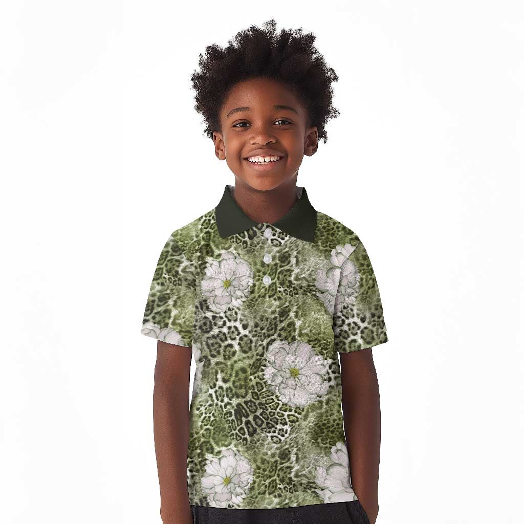 African Leopard Floral Pattern Kid Polo Shirt Safari Moss