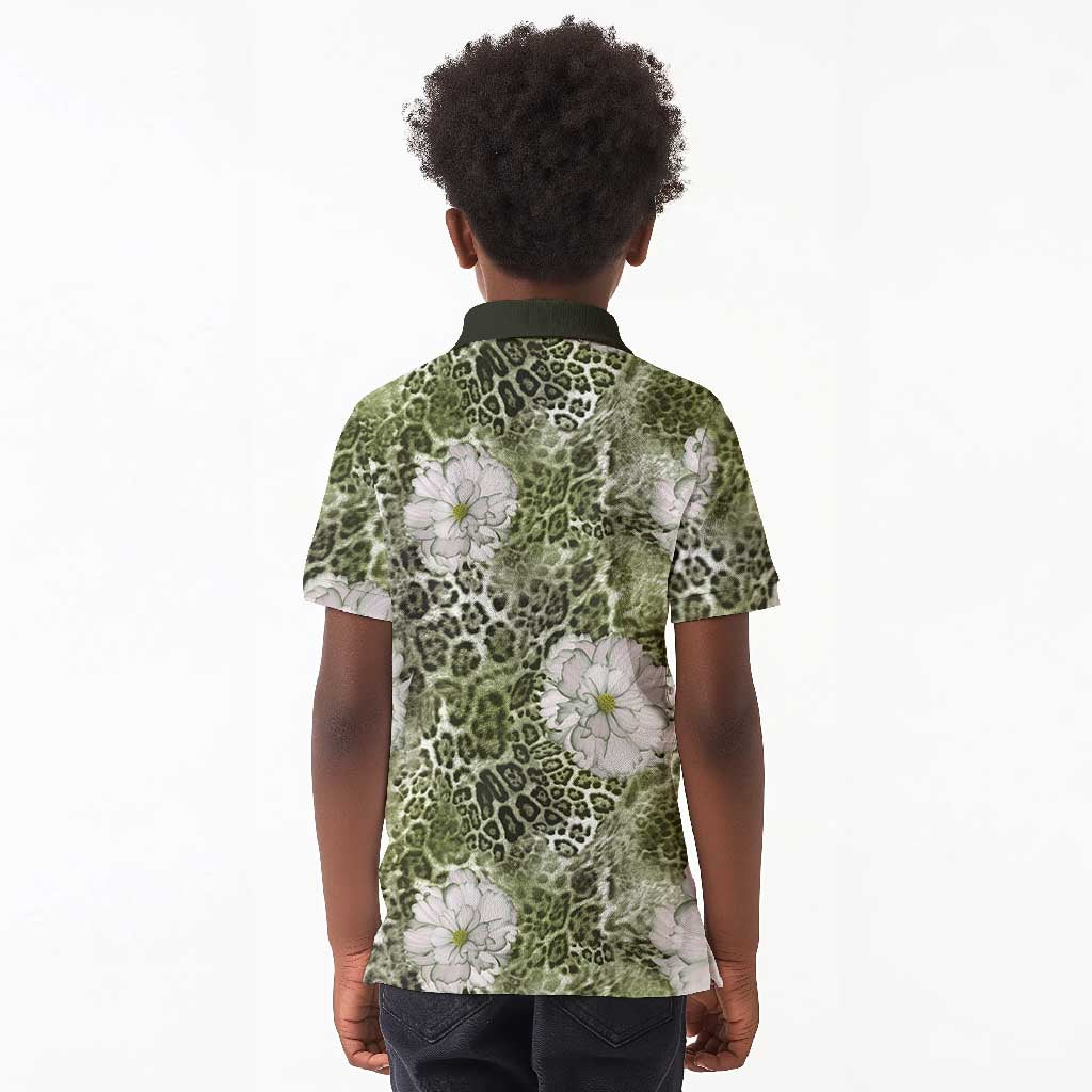 African Leopard Floral Pattern Kid Polo Shirt Safari Moss