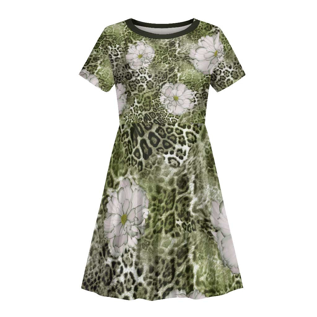 African Leopard Floral Pattern Kid Short Sleeve Dress Safari Moss