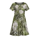 African Leopard Floral Pattern Kid Short Sleeve Dress Safari Moss
