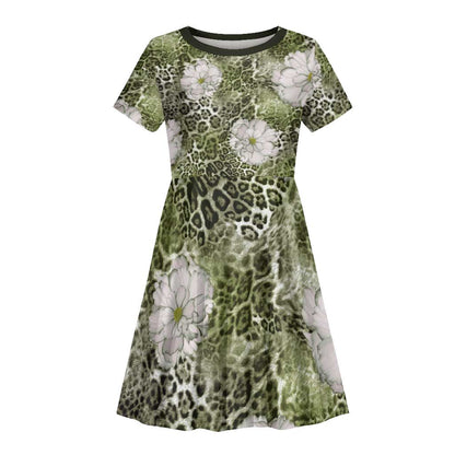 African Leopard Floral Pattern Kid Short Sleeve Dress Safari Moss